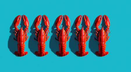 Five bright red lobsters are arranged against a uniform turquoise background. The overhead shot highlights the texture and form of the crustaceans. The image displays a high-key lighting, creating strong shadows. It could be suitable for culinary, seafood, or design related projects, and general stock imagery needs.の素材