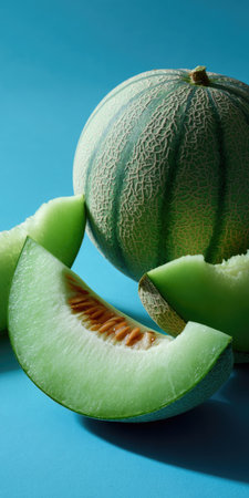 A cantaloupe melon with several slices is shown on a bright blue backdrop. The fruit displays a variety of greens and browns, creating a fresh, appealing aesthetic. The composition uses natural light and shadows to highlight the texture. Suitable for use in advertising and editorial contexts related to healthy eating.の素材