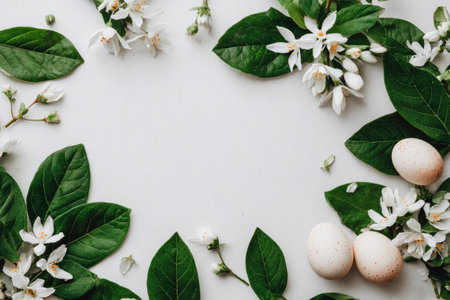 An overhead shot reveals a floral arrangement framing a central space. White flowers, green leaves and three eggs are arranged against a light background. This arrangement features natural textures, and a balance of color and composition. Suitable for various design applications including editorial and commercial use.の素材