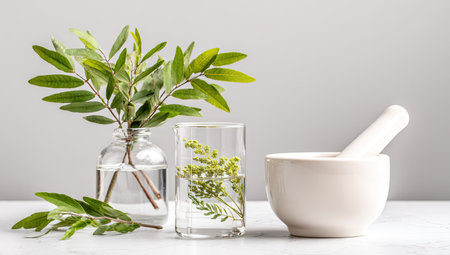 A still life composition showcases fresh green foliage in a glass vase and a smaller glass container with delicate sprigs, next to a ceramic mortar and pestle. The scene is illuminated with soft lighting against a neutral background. This image could be suitable for various commercial purposes and editorial content.の素材