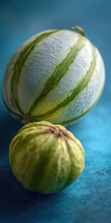 Two fresh fruits are presented on a textured blue surface, one a cantaloupe with green stripes, the other a green fig. The composition displays bright natural lighting and shallow depth of field. This image is suitable for various editorial or commercial applications relating to food or health.の素材