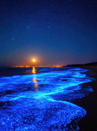 An image captures glowing blue waves gently rolling towards a sandy shoreline beneath a deep blue night sky. The scene is illuminated by the light of a full moon reflecting on the water and a dark, indistinct horizon. Suitable for atmospheric or commercial applications.の素材
