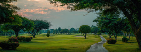This image features a landscape with a pathway winding through a grassy field, bordered by trees. The scene is bathed in the soft light of a sunset. The composition offers ample copy space and could be utilized for various commercial and editorial projects. The photograph conveys a sense of tranquility.の素材