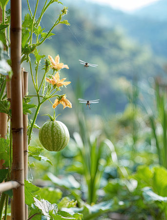 A close-up captures a green gourd and delicate yellow flowers growing on a vine, supported by bamboo. Two dragonflies hover in the distance against a soft, blurred background of greenery and a mountain. The lighting suggests a bright day, suitable for various editorial and commercial projects.の素材