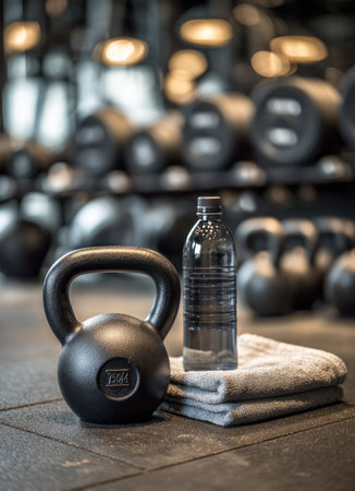 A still-life image showcases fitness equipment with a dark kettlebell, water bottle, and folded towel in the foreground. The composition highlights textures and shapes. The background features blurred gym weights. The scene uses natural lighting, suitable for health and wellness related projects and editorial applications.の素材