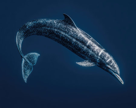 A dolphin gracefully swims in deep, clear blue water. The image displays a high-angle view of the animal. This digitally rendered image features smooth textures and rich color gradients. It is suitable for various commercial uses, including advertising and educational content.の素材