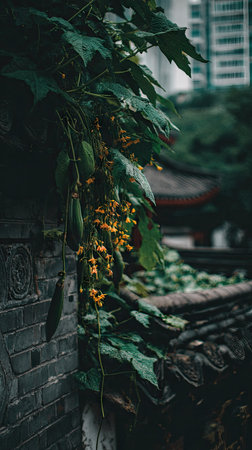 Green foliage and yellow flowers cascade down a textured brick wall in this vertical composition. The image displays a selective focus with lush green leaves and bright yellow flowers. It suggests an outdoor setting with overcast lighting, offering a natural and organic aesthetic suitable for various commercial uses.の素材
