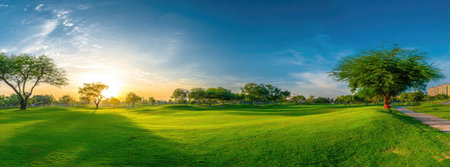 A scenic landscape showcases a lush green field under a clear blue sky, illuminated by sunlight. Trees are scattered across the landscape, enhancing the natural environment. This image's composition and color palette are suitable for various commercial uses, including advertising and editorial content.の素材