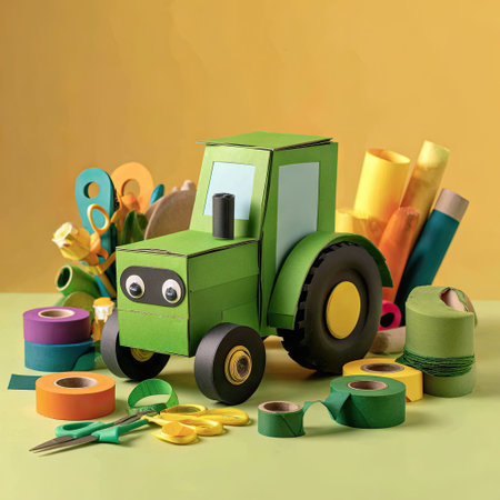 A handmade green tractor model dominates the composition, surrounded by various craft supplies. The image features a vibrant palette with a focus on textures and color contrast. The lighting suggests a studio environment, suitable for illustrating DIY projects and crafting concepts for commercial purposes.の素材