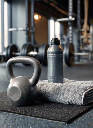 A close-up captures a kettlebell, a water bottle, and a towel on a mat in a gym setting. The composition is balanced with soft lighting, highlighting textures. The background shows workout equipment suggesting an indoor environment. This image could be suitable for fitness articles or health-related promotions.の素材