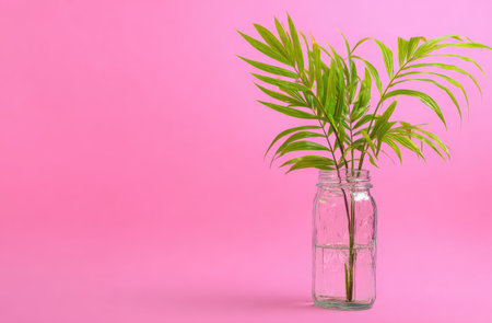 A close-up captures a green plant inside a transparent glass jar, set against a solid pink backdrop. The composition is simple, featuring clean lines and a modern aesthetic. Suitable for various applications, including design projects, presentations, and website visuals, the image offers space for text and creative integration.の素材