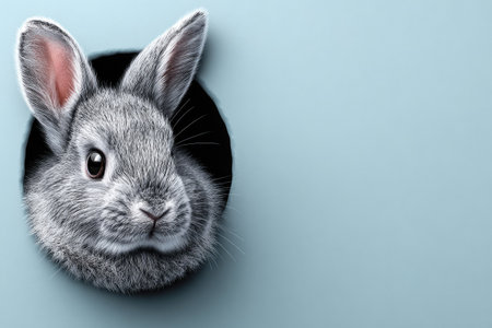 A detailed illustration depicts a gray rabbit peeking from a dark circular hole against a solid blue backdrop. The rabbit displays textured fur and prominent ears. The composition features a clean aesthetic with a focus on negative space, suitable for various design applications including advertising or editorial content.の素材