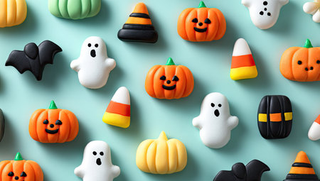 An assortment of Halloween candies is scattered across a surface. The composition includes miniature pumpkins, ghosts, bats, and candy corn treats in various shapes and colors. Overhead lighting reveals a smooth texture against a pastel background. This image is suitable for festive promotions and holiday-themed content.の素材