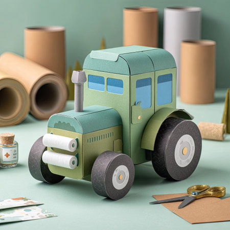 A handmade green paper tractor model sits on a light green surface with tools and rolls of paper. The composition is well-lit, highlighting the textures and details of the craft project. This image suggests creative activities, DIY projects, and educational content. It's suitable for illustrating articles on crafts or design.の素材