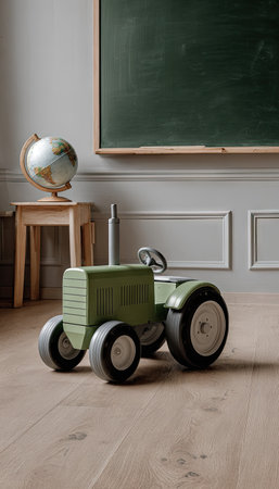 A green toy tractor is the central subject, positioned in front of a neutral-toned wall with a chalkboard. A wooden table holds a globe. The lighting suggests a daytime interior. This image might be suitable for illustrating concepts of childhood, education, or product design, and could be utilized for various commercial purposes.の素材