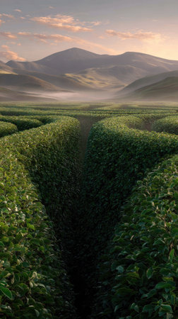 An aerial perspective shows a tea field with rows of green plants extending into the distance. The scene is bathed in morning sunlight and features a backdrop of mountains partially obscured by mist. This visual could be used for various commercial and editorial applications.の素材