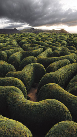 An aerial view presents a textured landscape primarily of vibrant green moss under a dark, cloudy sky. The terrain shows a pattern of undulating forms. The image is marked by a wide composition, soft light, and textural details, potentially suitable for editorial content or commercial uses.の素材