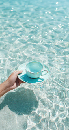 A hand holds a light blue teacup and saucer, resting in translucent turquoise water. The image displays a bright, sunny composition with overhead lighting and a focus on the reflections. The scene suggests relaxation, possibly representing a tropical vacation or a tranquil moment, suitable for various editorial and commercial applications.の素材