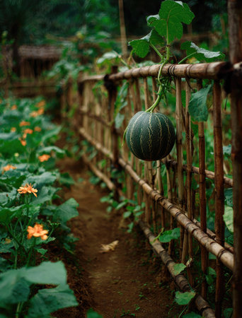 A single green gourd hangs suspended from a bamboo fence in a garden. The scene is illuminated by natural light, showing vibrant green foliage and a dirt pathway. The image may be suitable for illustrating agricultural practices, natural food sources, or other commercial uses.の素材