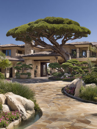 A spacious exterior captures a luxury home's entrance, showcasing a large, mature tree. A winding stone path leads to the front door, complemented by lush greenery and stone accents. The composition employs natural lighting, suggesting a bright day, suitable for architectural, lifestyle, or travel publications.の素材