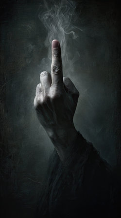 A hand making a middle finger gesture is set against a dark, atmospheric backdrop with emanating smoke. The image uses dramatic lighting, emphasizing the hand's form and gesture. It offers a strong visual statement that could be used for various editorial or conceptual purposes.の素材