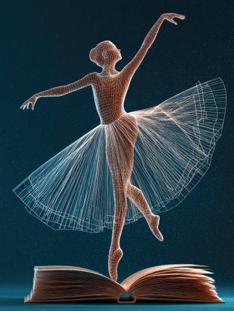 A digital illustration features a ballet dancer posed en pointe above an open book. The dancer is rendered with wireframe lines and translucent tutu. The image features a cool color palette with high contrast, suggesting a studio environment. This image could be used for various commercial or editorial purposes.の素材