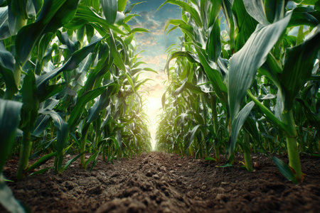 An eye-level shot captures a vibrant field of green corn plants. The image showcases the plants' lush foliage and textured soil. Bright sunlight pierces through the stalks, creating a luminous effect. The composition suggests a natural outdoor setting, suitable for illustrating agricultural or environmental concepts.の素材