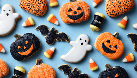 An overhead view displays various Halloween-themed cookies, including pumpkins, ghosts, and bats. The treats showcase orange, black, and white colors, set against a light blue backdrop. This arrangement highlights a festive theme, suitable for use in holiday-related commercial or editorial projects.の素材