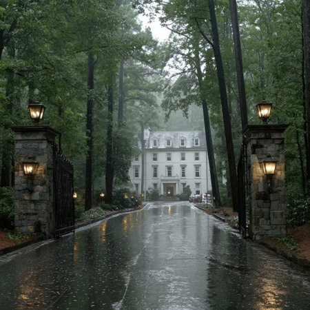 A long, wet driveway leads to a large structure nestled within a lush forest. The scene is dominated by shades of green and gray, with rain-slicked surfaces reflecting light. Stone pillars with lamps frame the entrance. This image is suitable for various editorial and commercial applications.の素材