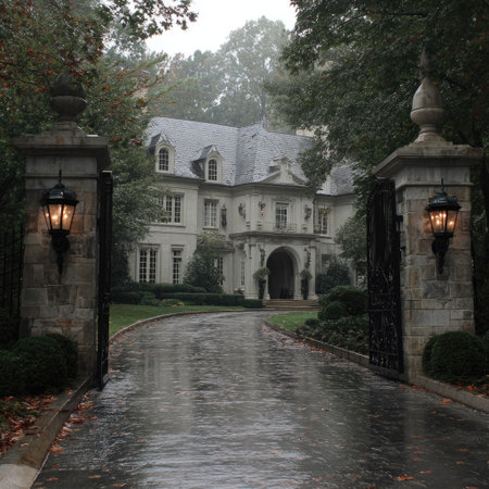 An opulent estate is captured with stone pillars flanking an entrance. Lanterns are mounted, and a long driveway reflects the overcast sky. The composition emphasizes architecture and design. This image is suitable for luxury, travel, or real estate-themed projects. The lighting suggests an exterior setting during the day.の素材