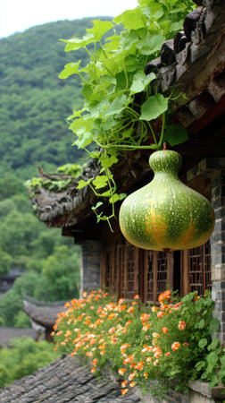 A close-up captures a gourd suspended from a building's roof, framed by green leaves and orange flowers. The scene presents natural colors and textures, with wooden elements and a backdrop of a mountain. This image may be suitable for illustrations of nature or seasonal themes.の素材