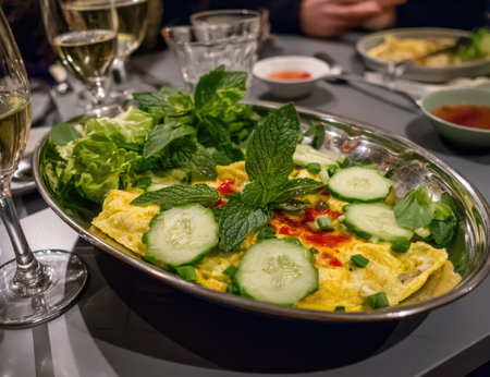 An overhead shot showcases a beautifully arranged dish with vibrant yellow omelet, fresh green lettuce, mint, and cucumber slices. The food is placed on an oval silver platter. The image features a shallow depth of field, with soft lighting and a modern restaurant atmosphere. This image could be used for culinary publications or food-related commercial projects.の素材