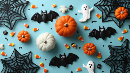 An overhead shot showcases a festive arrangement of Halloween-themed objects on a light blue backdrop. The scene includes miniature pumpkins, bats, ghosts, and spiderwebs. The composition utilizes a variety of colors and textures, suggesting a playful atmosphere. Ideal for decorative and commercial use, such as promotional materials.の素材