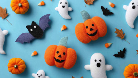This image showcases a collection of festive Halloween decorations scattered across a blue surface. The scene features various plush pumpkins, friendly-looking ghosts, and bat figures. Warm orange, cool purple, and crisp white colors dominate the composition. Ideal for seasonal design, advertising, and editorial content.の素材