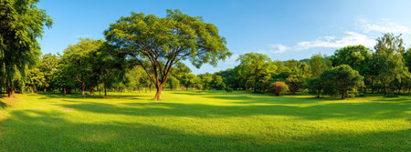 A vibrant landscape showcases a lush green meadow dotted with mature trees under a clear blue sky. The scene is bathed in sunlight, highlighting the textures of grass and foliage. This image offers visual appeal suitable for various commercial uses, including website design and promotional materials.の素材