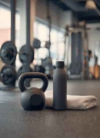 This image showcases gym equipment, with a focus on a kettlebell, water bottle, and towel. The scene is lit by soft, diffused light, suggesting an indoor setting. The composition is clean and minimalist, highlighting the textures and forms of the objects. It may be suitable for fitness, health, and wellness content.の素材