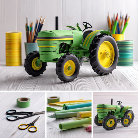 A green paper craft tractor sits on a white surface surrounded by art supplies. The composition includes a variety of green and yellow hues. The scene presents a detailed overhead shot with bright, natural lighting. Suitable for commercial projects or editorial illustrations, this image provides a clean aesthetic.の素材