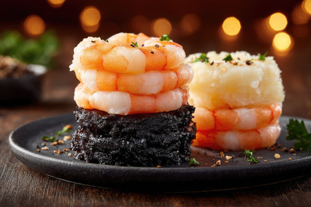 Two elegant appetizers are presented on a dark plate. One features a stack of cooked shrimp atop a bed of black food, the other is white and topped with shrimp. The lighting highlights the vibrant colors. These items might be suitable for use in culinary, food, or restaurant-themed commercial or editorial content.の素材