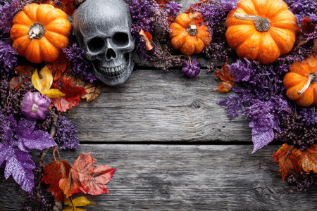 This image features a Halloween arrangement. Vivid orange pumpkins surround a skull alongside purple foliage and red leaves. The composition is set on a weathered wood surface. The style suggests a festive atmosphere, suitable for various editorial and commercial applications. The lighting is balanced, creating a visually appealing image.の素材