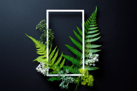 An overhead composition presents fresh green fern leaves and white flowers surrounding a white rectangular frame on a dark background. The plants showcase bright green hues with delicate textures. The style suggests a modern, natural aesthetic, suitable for various editorial and commercial applications.の素材