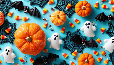 A festive Halloween arrangement presents pumpkins, ghost figures, and bats against a light blue backdrop. Vibrant orange and yellow candies complement the scene, with decorative spiderwebs adding texture. The overhead shot showcases a balanced composition, suitable for seasonal promotions and illustrative uses in a variety of contexts.の素材