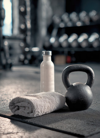 A focused still life captures gym essentials. A black kettlebell, white water bottle, and rolled towel rest on a mat. The composition uses soft lighting and a shallow depth of field, with gym equipment faintly visible in the background. Suitable for fitness and wellness articles or visual content.の素材