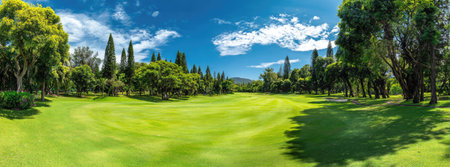 A vibrant green field stretches towards the horizon, framed by lush trees under a bright blue sky with scattered clouds. The scene is illuminated by sunlight, creating shadows and enhancing the natural colors. This landscape could be used for various commercial or editorial applications.の素材
