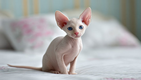 A close-up image showcases a hairless cat with striking blue eyes, posed gracefully on a bed. The feline's pink skin contrasts against the neutral tones of the bedding. Soft lighting highlights the cat's features, emphasizing its unique appearance. This image could be suitable for various commercial and editorial applications.の素材
