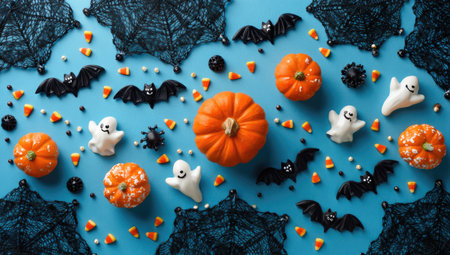 An overhead view displays a festive Halloween arrangement. Orange pumpkins, playful ghost figures, and bat silhouettes are scattered against a vibrant blue backdrop. Decorative spider webs and candies enhance the seasonal atmosphere. The composition could be used for various commercial or editorial projects related to the holiday.の素材