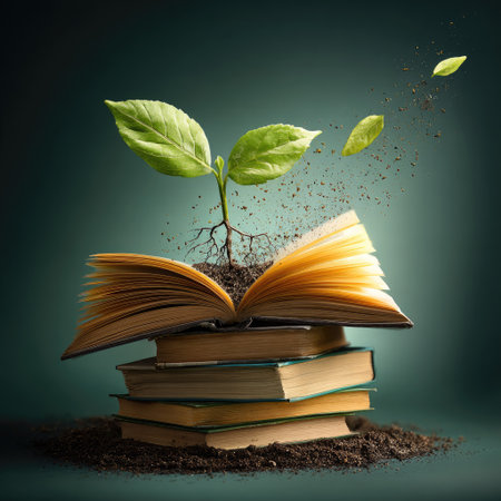 An image shows a plant growing out of open books, symbolizing education and growth. The composition uses a dark, teal background, with warm highlights on the book pages. The leaves are a vibrant green, contrasting with the dark background. It is suitable for use in educational materials or concepts about learning.の素材