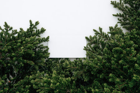 Green evergreen foliage surrounds a white rectangular card against a clean white background. The composition features a natural aesthetic with vibrant green hues from the plant life. This setup suggests potential applications for various commercial and editorial projects requiring a fresh, organic appearance.の素材