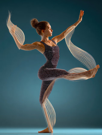 A woman in athletic attire is captured mid-movement, exhibiting dynamic form against a gradient blue backdrop. The image incorporates linear design elements that extend from her body, enhancing the sense of motion. The lighting creates subtle highlights and shadows. Suitable for various creative projects and illustrating concepts of agility.の素材
