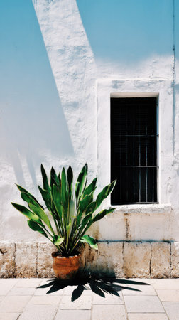 A vibrant green potted plant is situated against a textured white building, casting shadows from the sunlight. The composition includes a dark window and a stone-paved foreground, possibly outside. This image could be used for various commercial purposes, including design and architectural projects.の素材