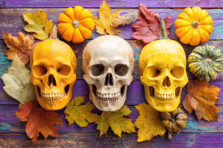 This image presents a Halloween-themed still life, featuring three skull decorations arranged amongst small pumpkins and colorful autumn leaves. The composition employs a top-down perspective, with the objects set against a textured wooden surface. The lighting appears natural, contributing to a vibrant and festive ambiance suitable for various promotional and decorative applications.の素材